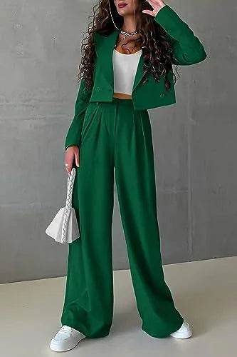 PRETTYGARDEN Women's 2 Piece Casual Outfits Cropped Blazer Jackets High Waisted Wide Leg Work Pants Suit Set (Green,Large) - Bona Fide Fashion