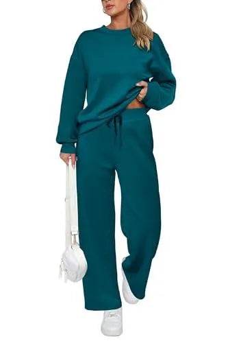 PRETTYGARDEN Women's 2023 Fall Fashion Clothes Casual 2 Piece Outfits Long Sleeve Pullover Tops And Long Pants Sets (Blue Green,X-Large) - Bona Fide Fashion