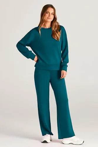 PRETTYGARDEN Women's 2023 Fall Fashion Clothes Casual 2 Piece Outfits Long Sleeve Pullover Tops And Long Pants Sets (Blue Green,X-Large) - Bona Fide Fashion