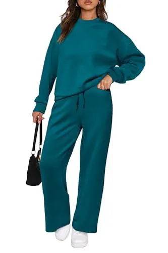 PRETTYGARDEN Women's 2023 Fall Fashion Clothes Casual 2 Piece Outfits Long Sleeve Pullover Tops And Long Pants Sets (Blue Green,X-Large) - Bona Fide Fashion