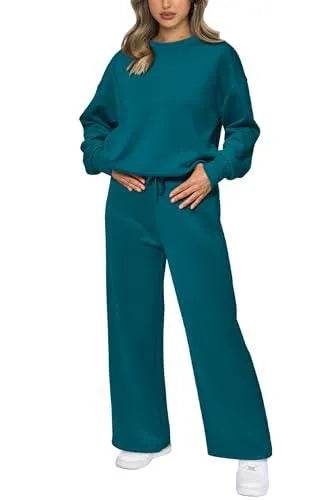PRETTYGARDEN Women's 2023 Fall Fashion Clothes Casual 2 Piece Outfits Long Sleeve Pullover Tops And Long Pants Sets (Blue Green,X-Large) - Bona Fide Fashion