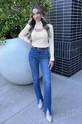 PRETTYGARDEN Women's 2023 Fashion Fall Clothes 2 Piece Cutout Tops Long Sleeve Mock Neck Rib Knit Winter Pullover Sweater (Beige White,Small) - Bona Fide Fashion