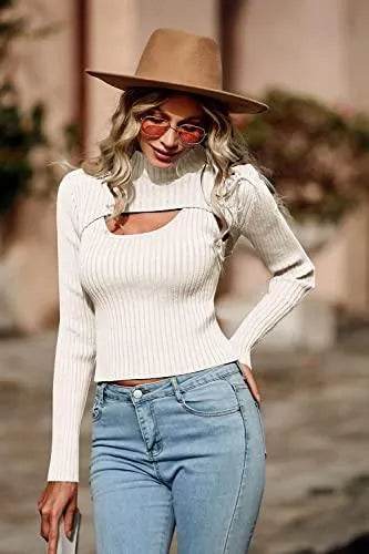 PRETTYGARDEN Women's 2023 Fashion Fall Clothes 2 Piece Cutout Tops Long Sleeve Mock Neck Rib Knit Winter Pullover Sweater (Beige White,Small) - Bona Fide Fashion