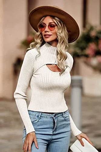 PRETTYGARDEN Women's 2023 Fashion Fall Clothes 2 Piece Cutout Tops Long Sleeve Mock Neck Rib Knit Winter Pullover Sweater (Beige White,Small) - Bona Fide Fashion