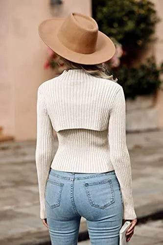 PRETTYGARDEN Women's 2023 Fashion Fall Clothes 2 Piece Cutout Tops Long Sleeve Mock Neck Rib Knit Winter Pullover Sweater (Beige White,Small) - Bona Fide Fashion