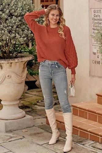 PRETTYGARDEN Women's 2023 Winter Pullover Sweater Casual Long Sleeve Crewneck Loose Chunky Knit Jumper Tops Blouse (Orange,Medium) - Bona Fide Fashion