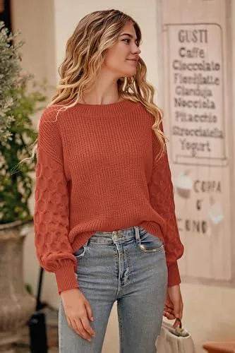 PRETTYGARDEN Women's 2023 Winter Pullover Sweater Casual Long Sleeve Crewneck Loose Chunky Knit Jumper Tops Blouse (Orange,Medium) - Bona Fide Fashion