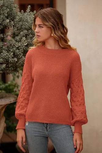 PRETTYGARDEN Women's 2023 Winter Pullover Sweater Casual Long Sleeve Crewneck Loose Chunky Knit Jumper Tops Blouse (Orange,Medium) - Bona Fide Fashion