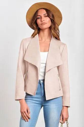 PRETTYGARDEN Women's Faux Suede Jackets 2023 Fall Clothes Long Sleeve Open Front Cropped Coat Outwear (Beige Apricot,Large) - Bona Fide Fashion