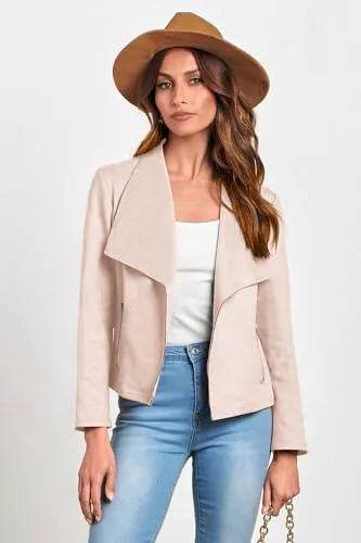 PRETTYGARDEN Women's Faux Suede Jackets 2023 Fall Clothes Long Sleeve Open Front Cropped Coat Outwear (Beige Apricot,Large) - Bona Fide Fashion