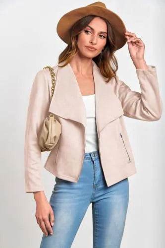 PRETTYGARDEN Women's Faux Suede Jackets 2023 Fall Clothes Long Sleeve Open Front Cropped Coat Outwear (Beige Apricot,Large) - Bona Fide Fashion