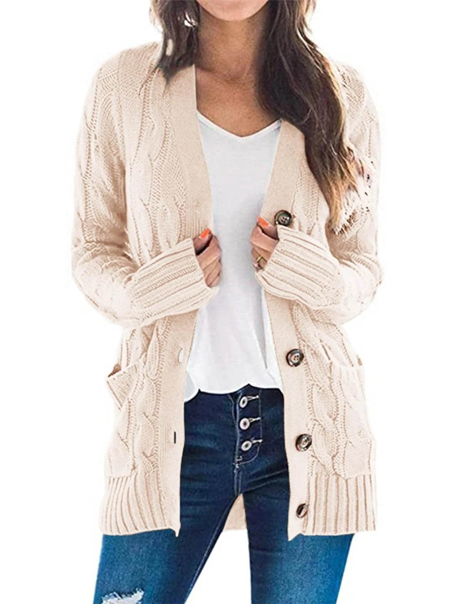 PRETTYGARDEN Women's Open Front Cardigan Sweaters Fashion Button Down Cable Knit Chunky Outwear Coats (Beige,Large) - Bona Fide Fashion