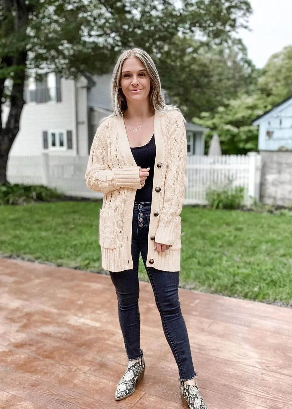 PRETTYGARDEN Women's Open Front Cardigan Sweaters Fashion Button Down Cable Knit Chunky Outwear Coats (Beige,Large) - Bona Fide Fashion