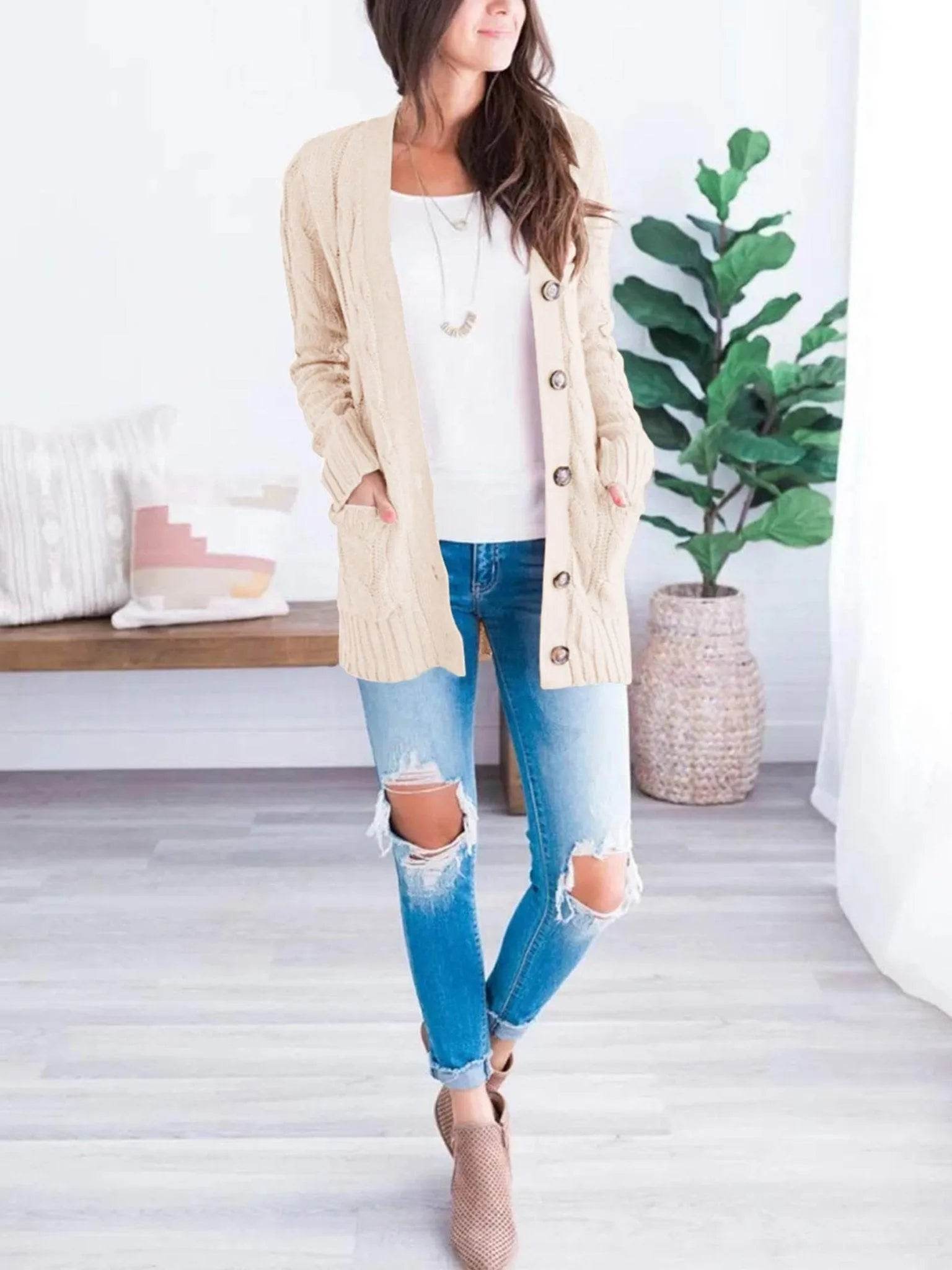 PRETTYGARDEN Women's Open Front Cardigan Sweaters Fashion Button Down Cable Knit Chunky Outwear Coats (Beige,Large) - Bona Fide Fashion