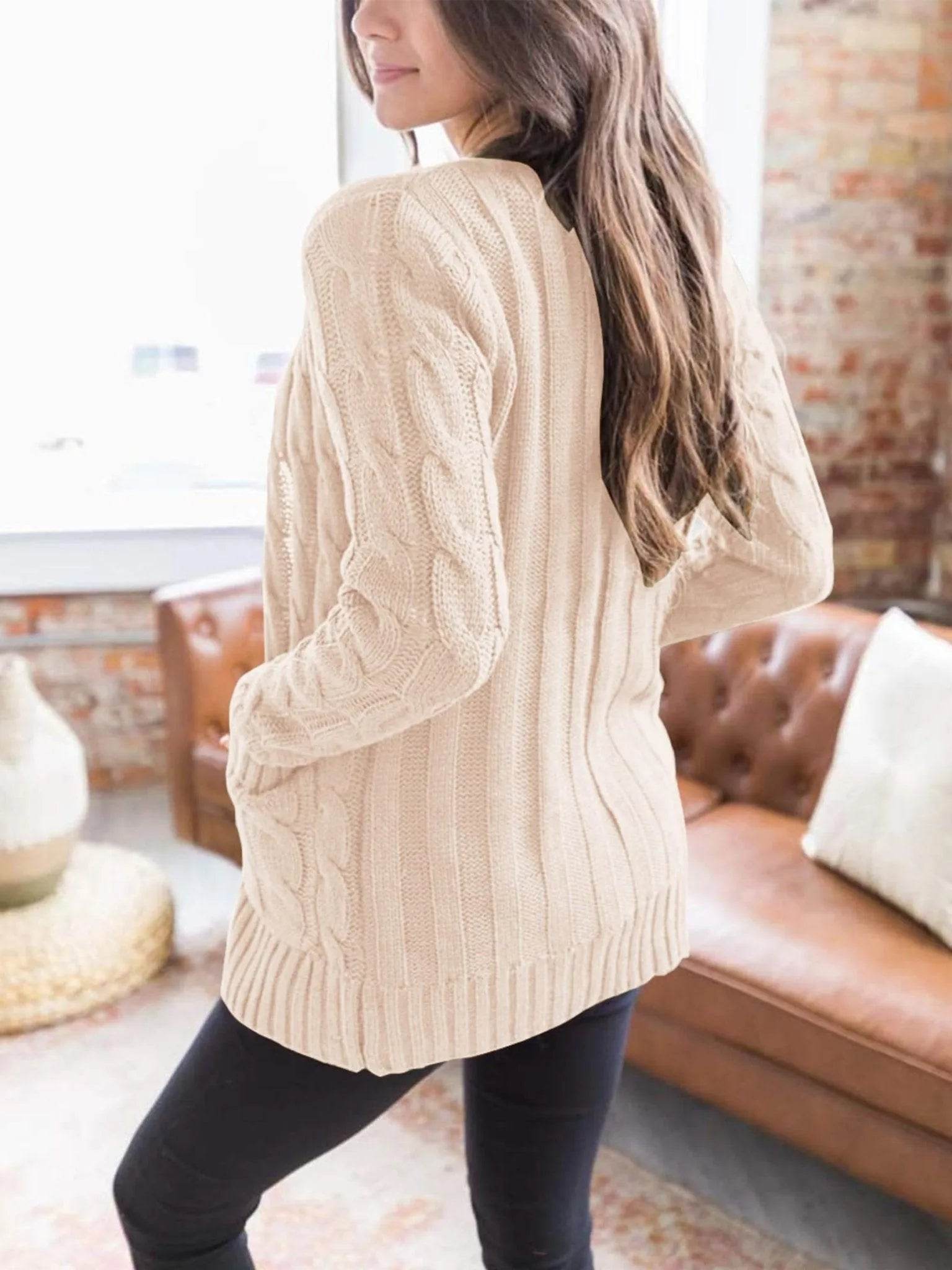 PRETTYGARDEN Women's Open Front Cardigan Sweaters Fashion Button Down Cable Knit Chunky Outwear Coats (Beige,Large) - Bona Fide Fashion