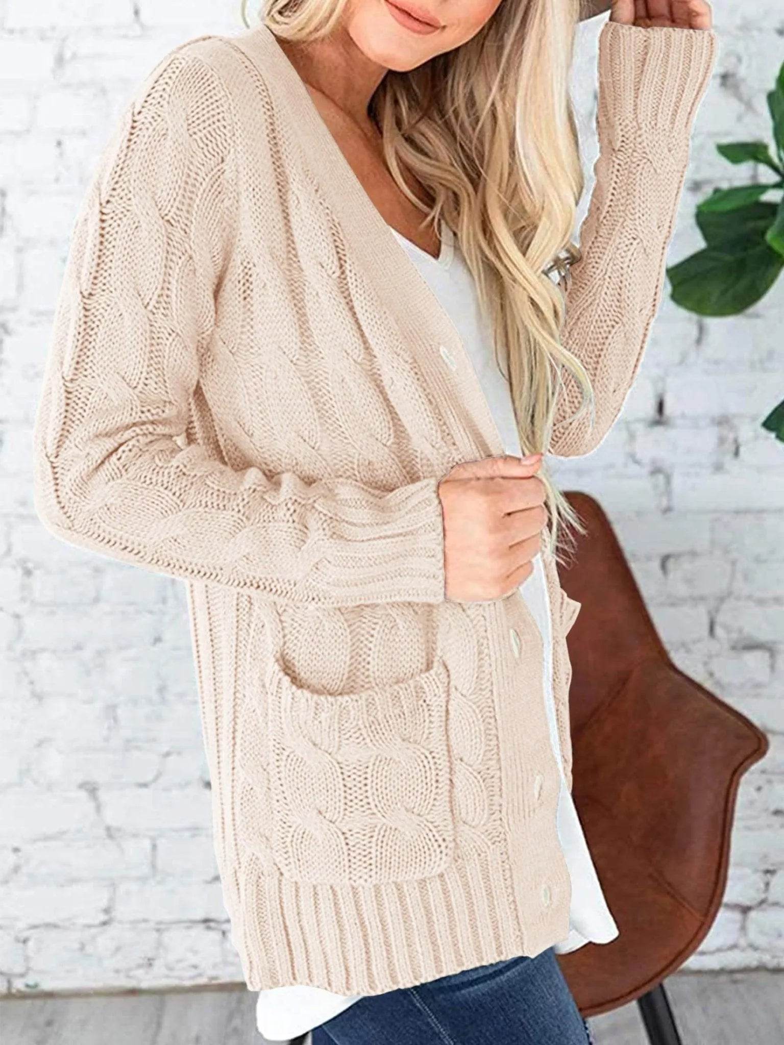 PRETTYGARDEN Women's Open Front Cardigan Sweaters Fashion Button Down Cable Knit Chunky Outwear Coats (Beige,Large) - Bona Fide Fashion