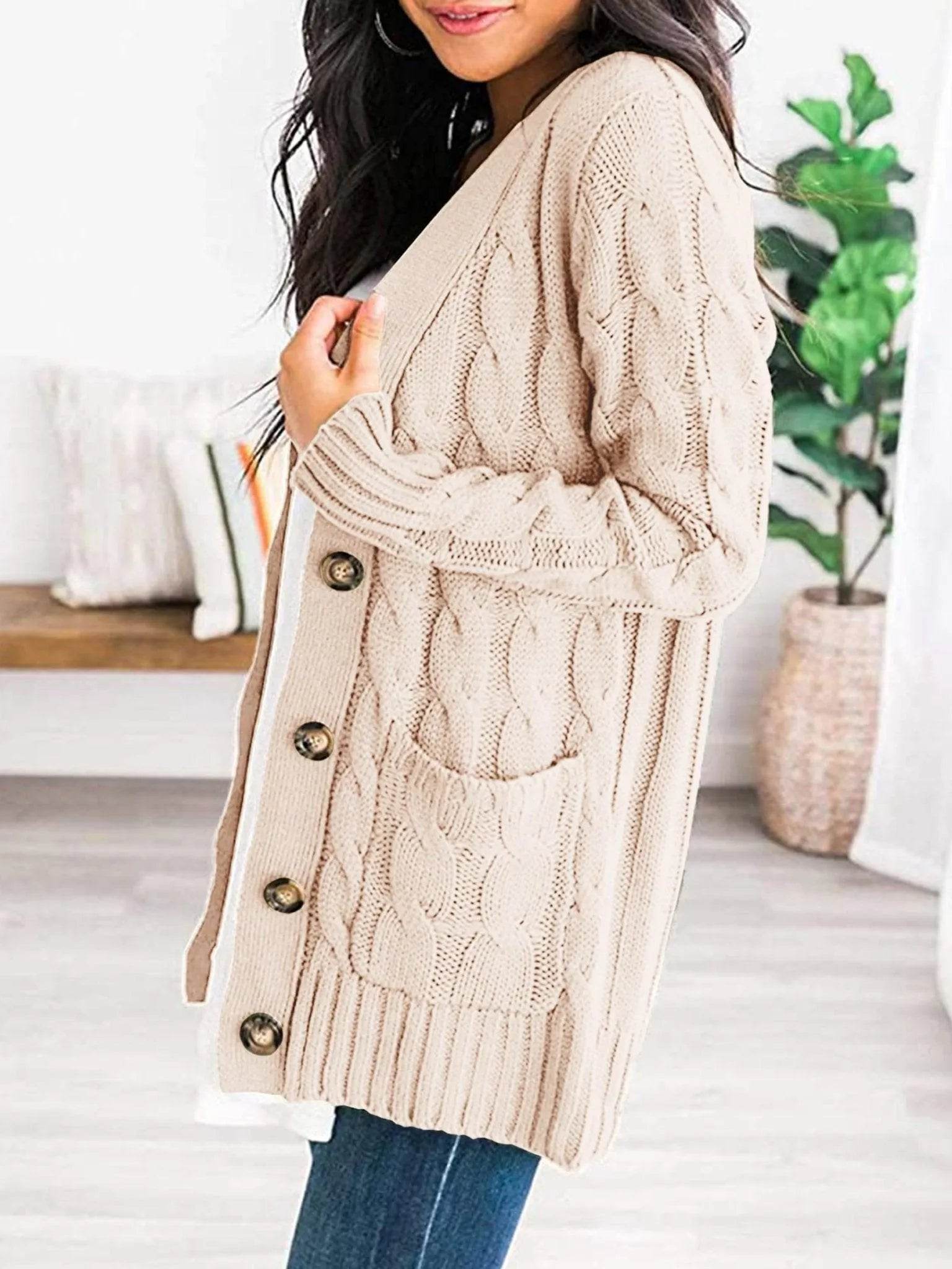 PRETTYGARDEN Women's Open Front Cardigan Sweaters Fashion Button Down Cable Knit Chunky Outwear Coats (Beige,Large) - Bona Fide Fashion