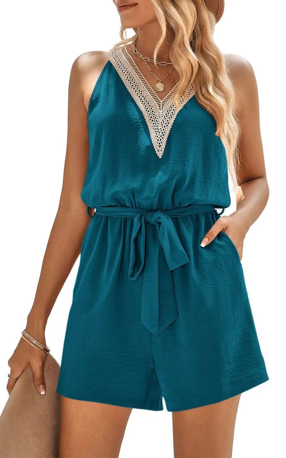 PRETTYGARDEN Women's Summer Sexy V Neck Romper 2024 Fashion Sleeveless Casual Waist Tie Short Jumpsuit With Pocket (Lake Blue, Small) - Bona Fide Fashion