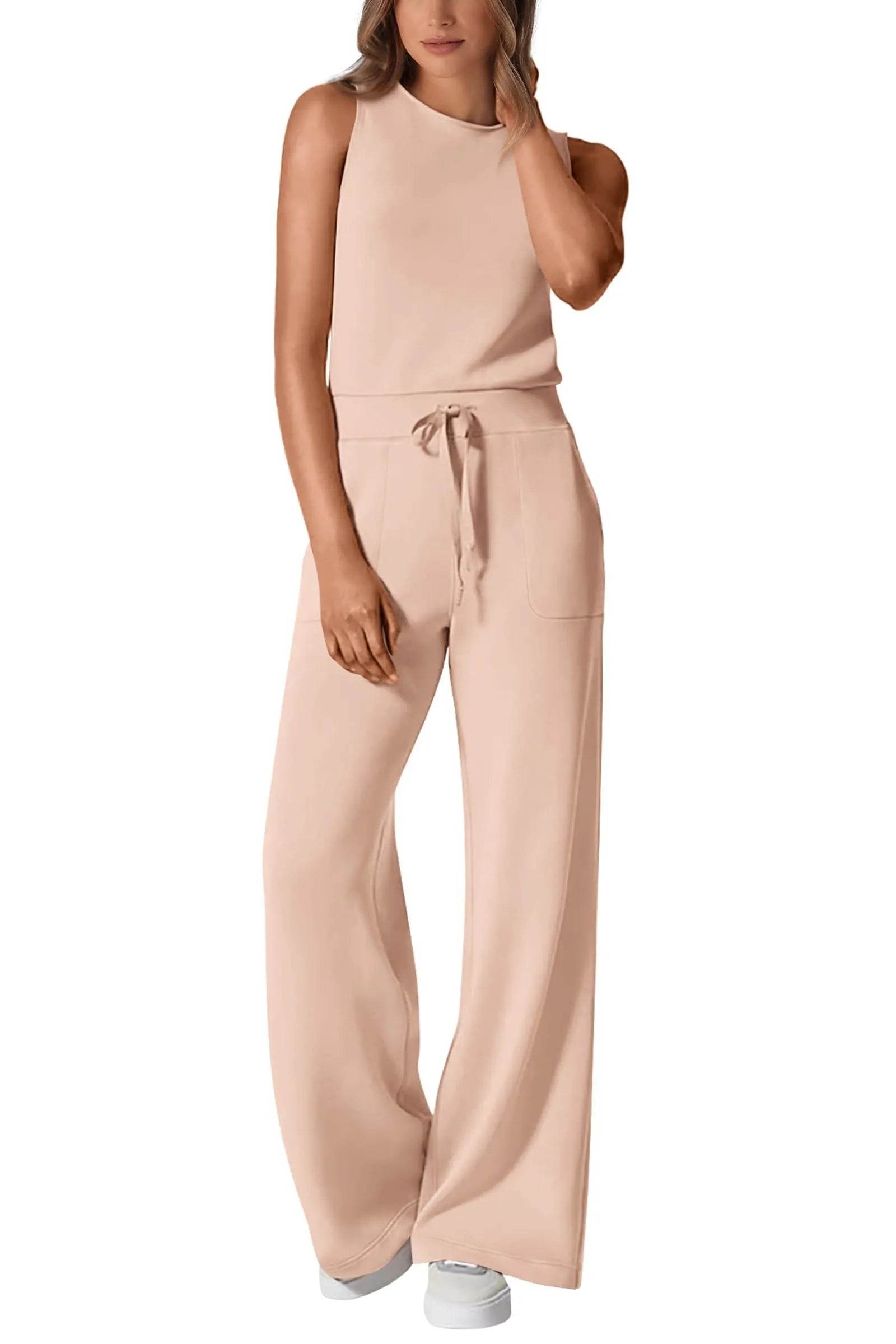 PRETTYGARDEN Womens Casual Jumpsuits Summer Fashion Clothes Sleeveless Palazzo Pants Romper Outfits (Beige,Small) - Bona Fide Fashion