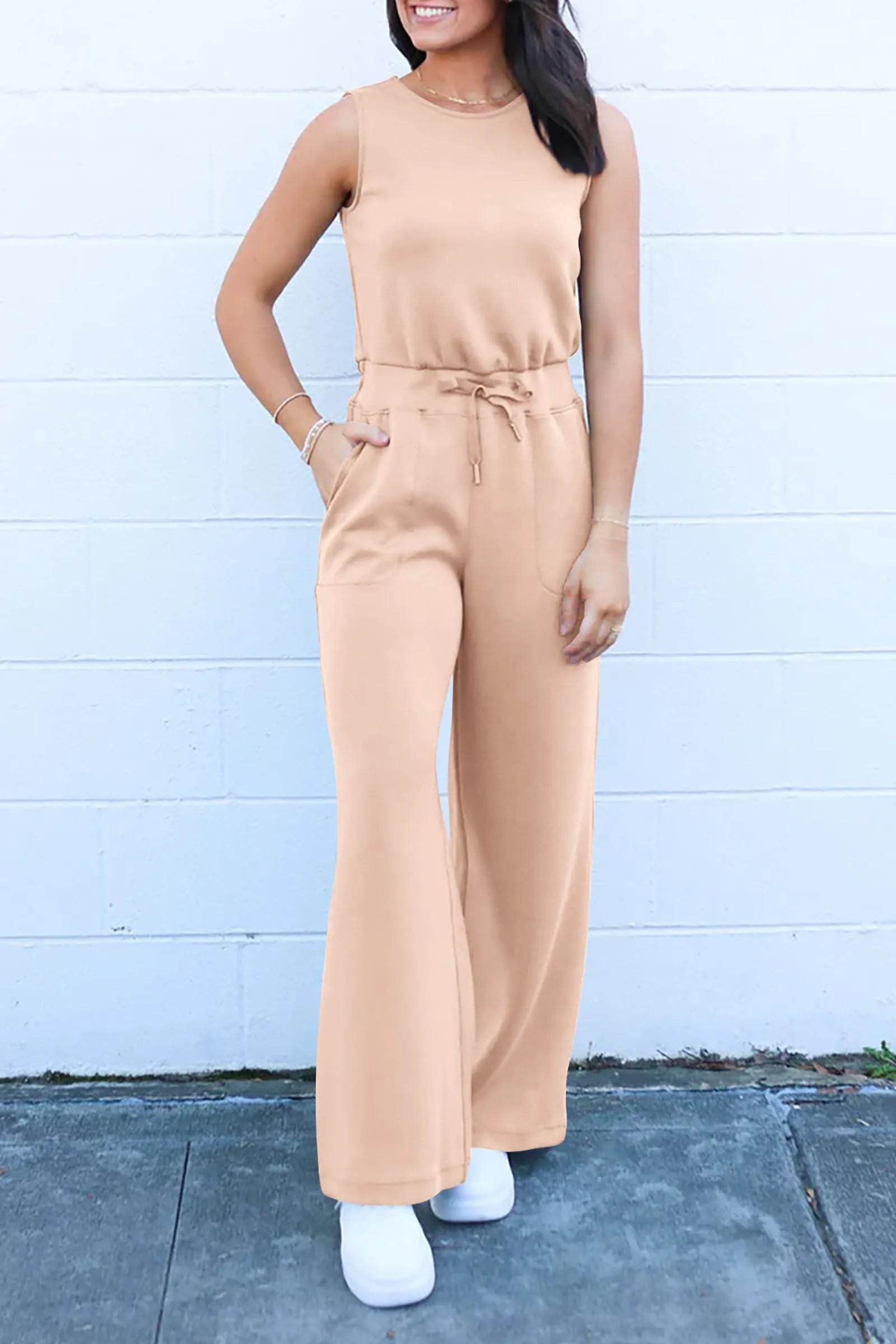 PRETTYGARDEN Womens Casual Jumpsuits Summer Fashion Clothes Sleeveless Palazzo Pants Romper Outfits (Beige,Small) - Bona Fide Fashion