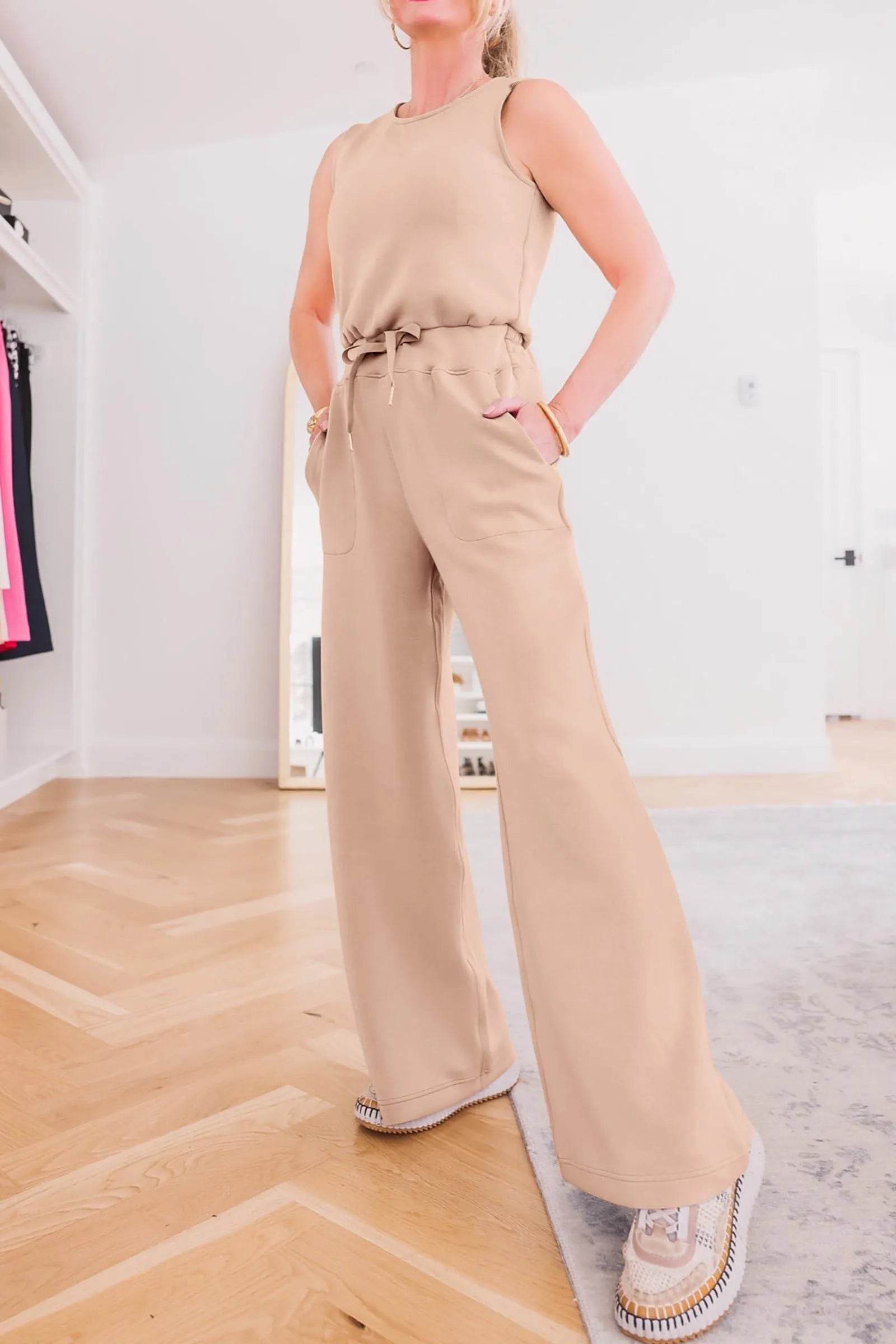 PRETTYGARDEN Womens Casual Jumpsuits Summer Fashion Clothes Sleeveless Palazzo Pants Romper Outfits (Beige,Small) - Bona Fide Fashion