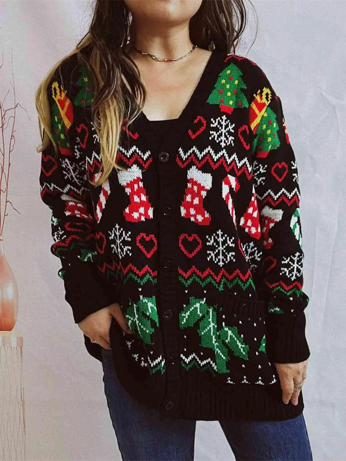 Printed Button Up V-Neck Long Sleeve Cardigan with Pockets - Bona Fide Fashion
