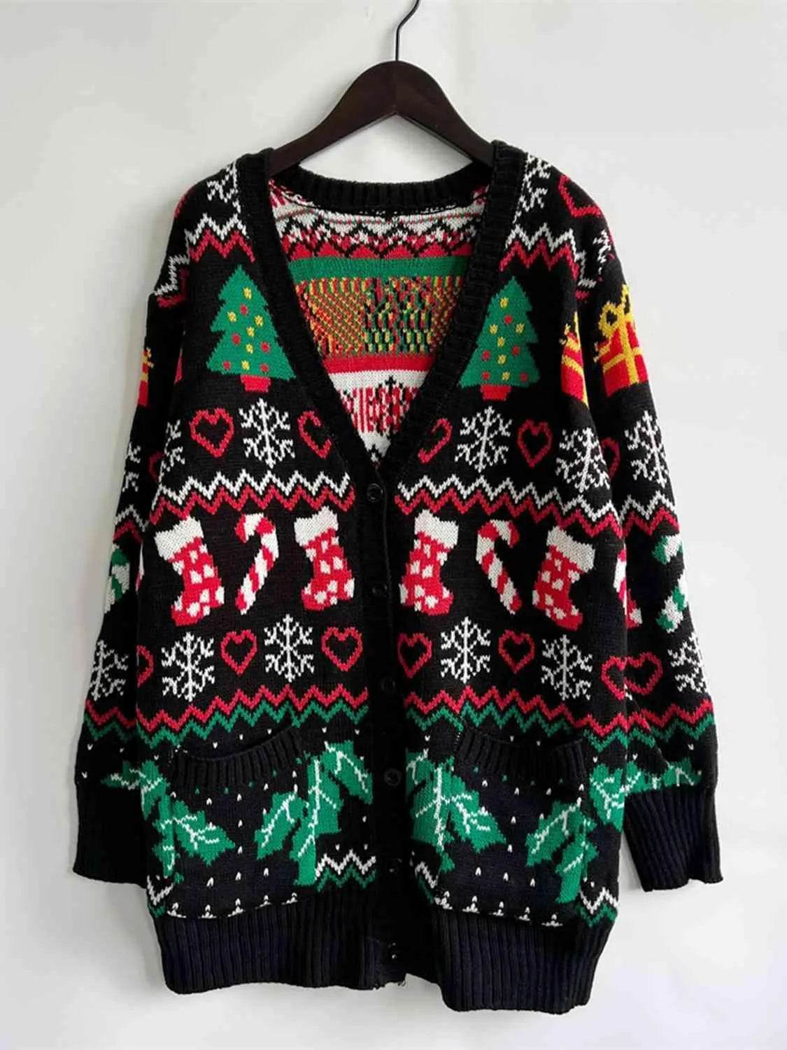 Printed Button Up V-Neck Long Sleeve Cardigan with Pockets - Bona Fide Fashion