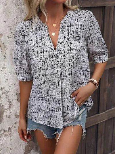 Printed Notched Half Sleeve Blouse - Bona Fide Fashion