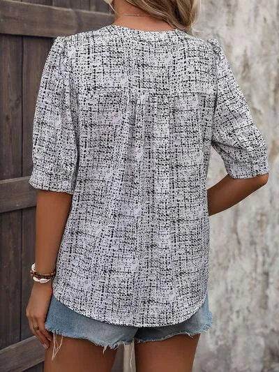 Printed Notched Half Sleeve Blouse - Bona Fide Fashion