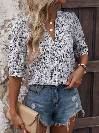 Printed Notched Half Sleeve Blouse - Bona Fide Fashion