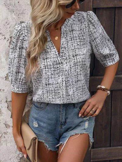 Printed Notched Half Sleeve Blouse - Bona Fide Fashion