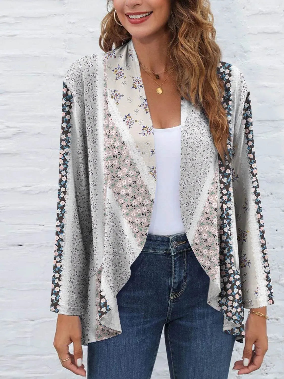 Printed Open Front Long Sleeve Cardigan - Bona Fide Fashion