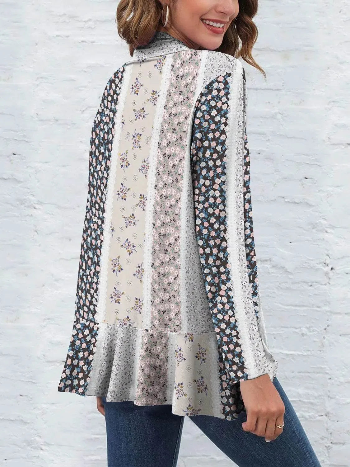 Printed Open Front Long Sleeve Cardigan - Bona Fide Fashion