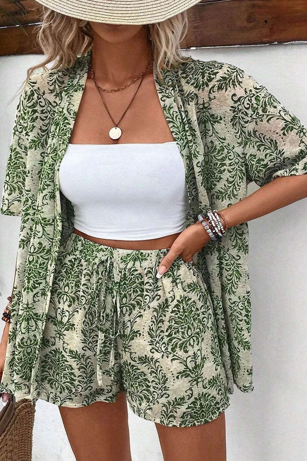 Printed Open Front Top and Bottom Set - Bona Fide Fashion