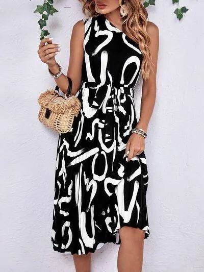 Printed Single Shoulder Tie Waist Dress - Bona Fide Fashion
