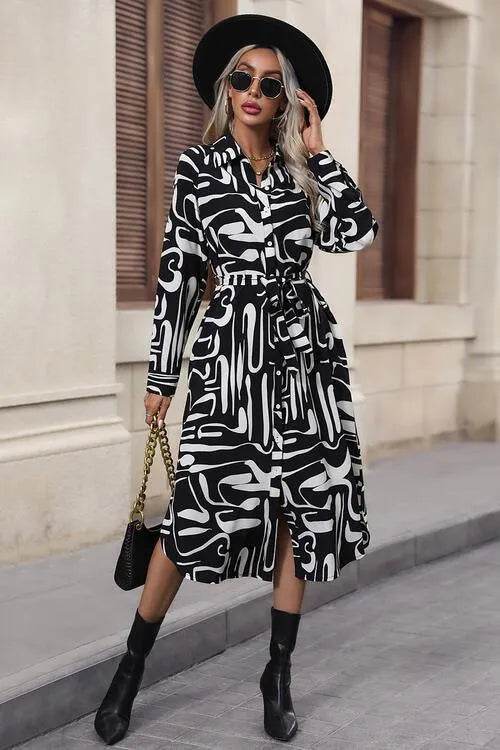 Printed Tie Front Collared Neck Slit Shirt Dress - Bona Fide Fashion