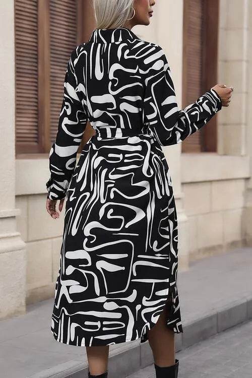 Printed Tie Front Collared Neck Slit Shirt Dress - Bona Fide Fashion