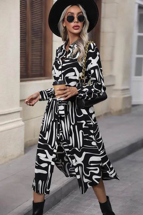 Printed Tie Front Collared Neck Slit Shirt Dress - Bona Fide Fashion