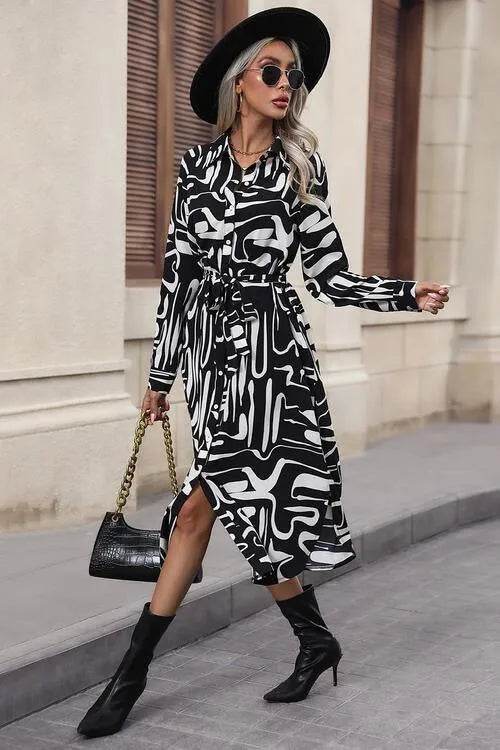 Printed Tie Front Collared Neck Slit Shirt Dress - Bona Fide Fashion