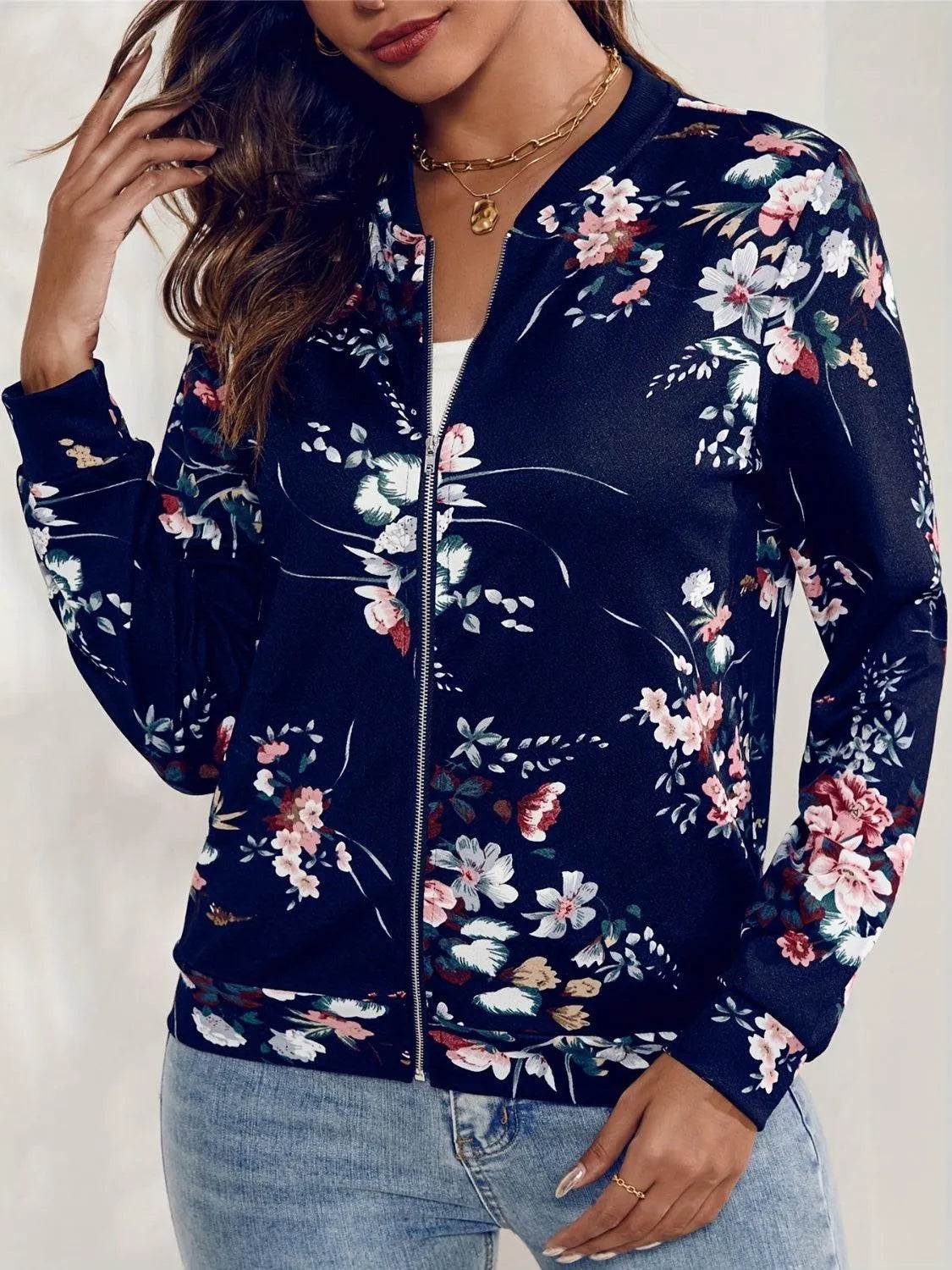 Printed Zip Up Long Sleeve Outerwear - Bona Fide Fashion