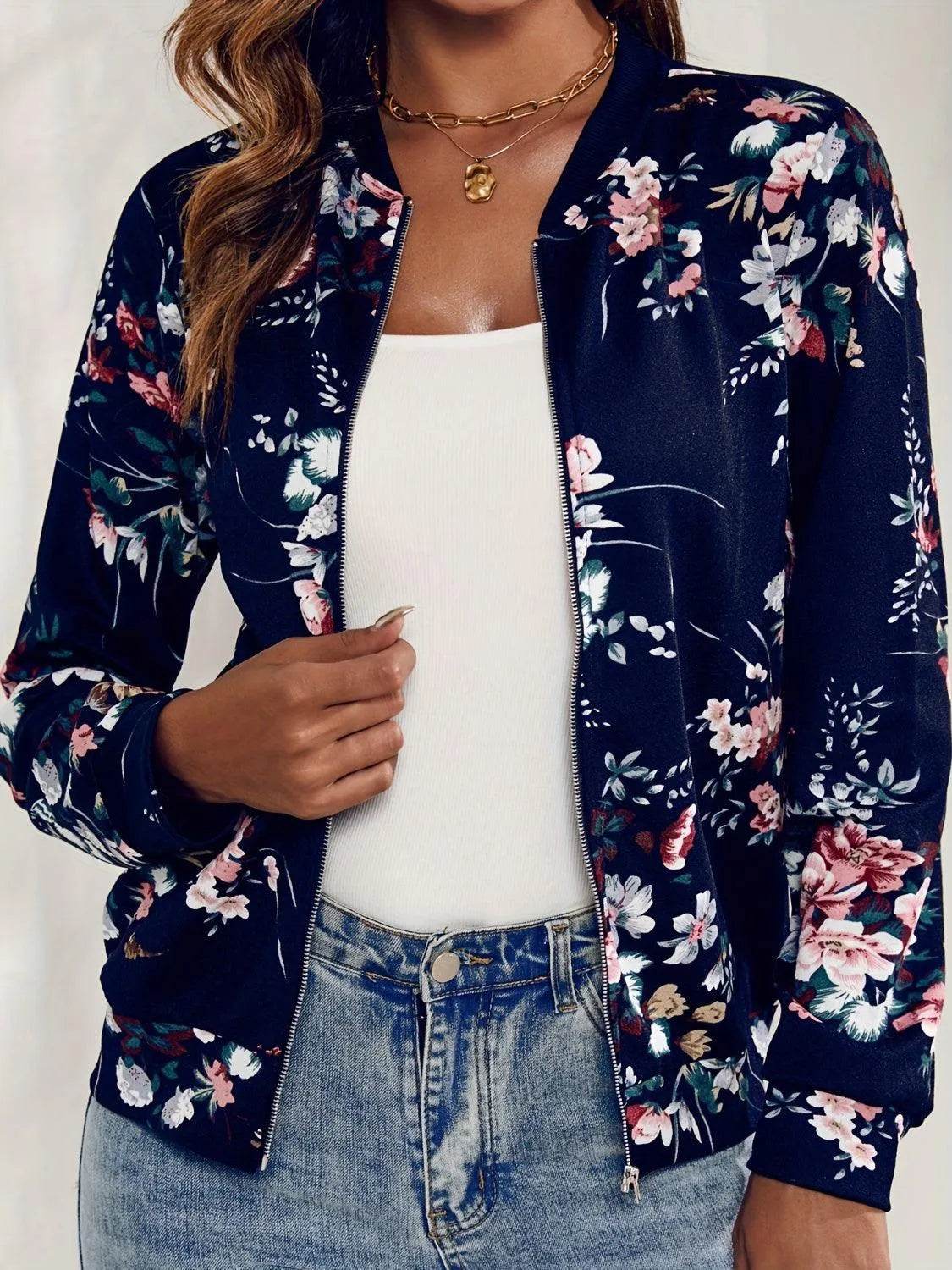 Printed Zip Up Long Sleeve Outerwear - Bona Fide Fashion