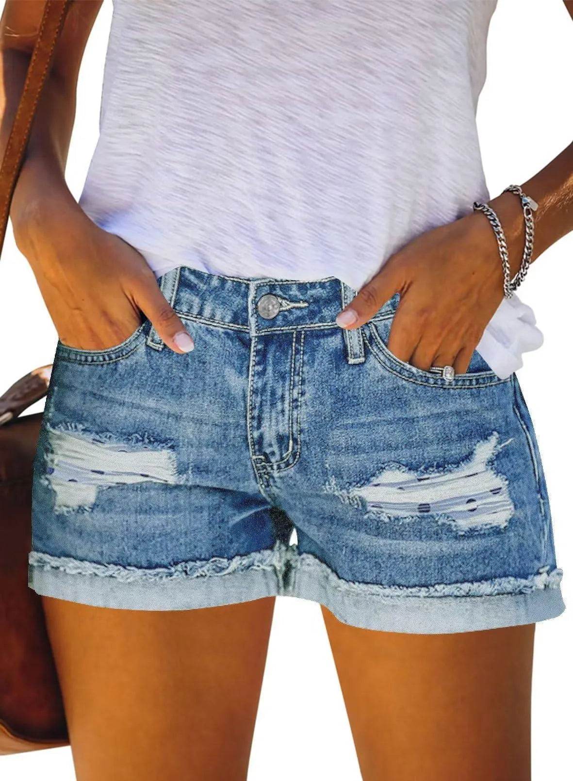 QACOHU Women's 2024 Denim Jean Shorts Mid Waisted Stretchy Folded Hem Short Jeans Casual Shorts Light Blue L - Bona Fide Fashion