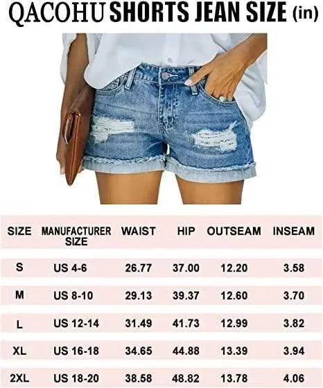 QACOHU Women's 2024 Denim Jean Shorts Mid Waisted Stretchy Folded Hem Short Jeans Casual Shorts Light Blue L - Bona Fide Fashion