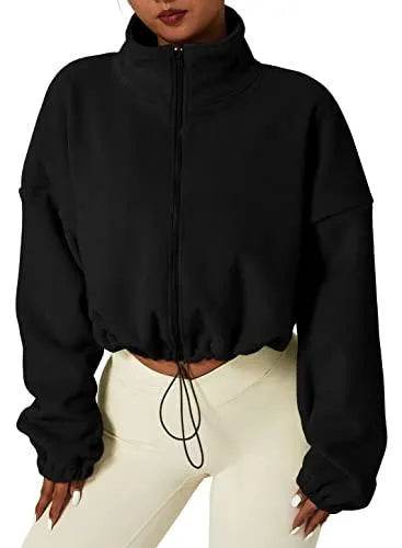 QINSEN Women's Full Zip Fleece Short Jacket Warm Winter Long Sleeve Stand Collar Sherpa Crop Coat Black S - Bona Fide Fashion
