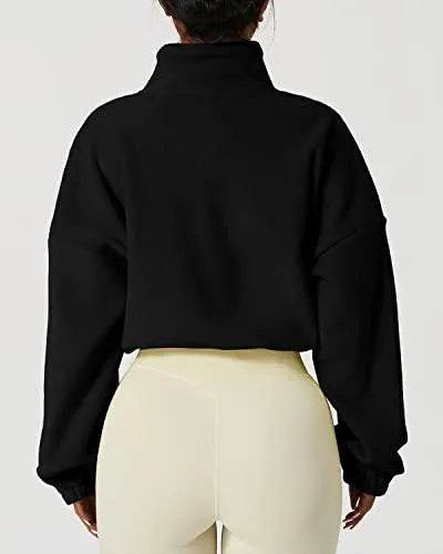 QINSEN Women's Full Zip Fleece Short Jacket Warm Winter Long Sleeve Stand Collar Sherpa Crop Coat Black S - Bona Fide Fashion