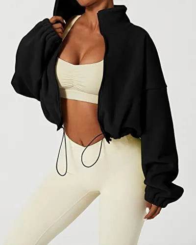 QINSEN Women's Full Zip Fleece Short Jacket Warm Winter Long Sleeve Stand Collar Sherpa Crop Coat Black S - Bona Fide Fashion
