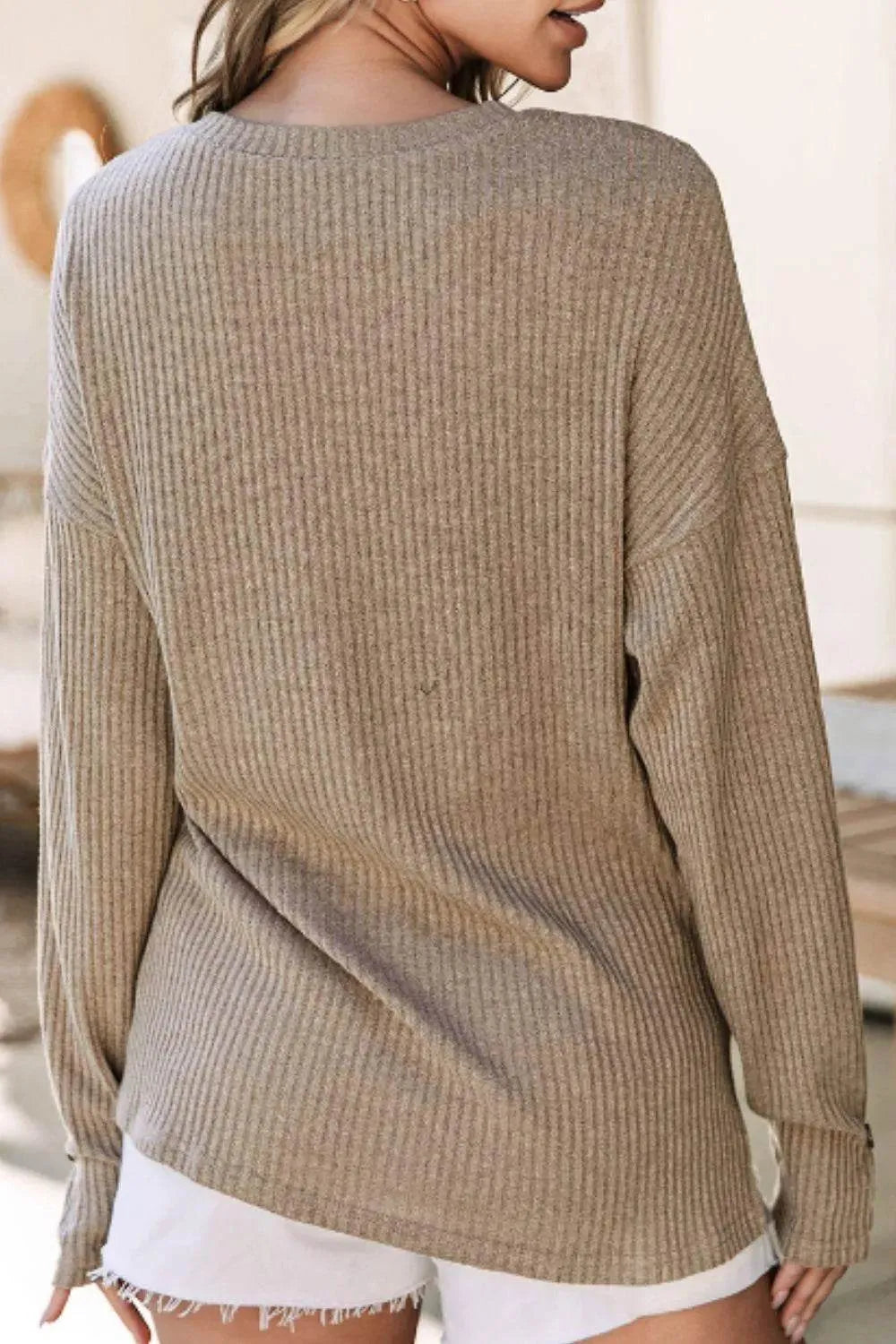 Quarter Button Round Neck Dropped Shoulder Knit Top - Bona Fide Fashion