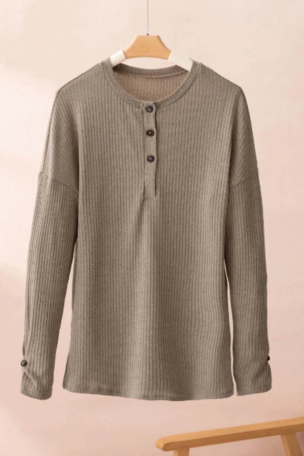 Quarter Button Round Neck Dropped Shoulder Knit Top - Bona Fide Fashion