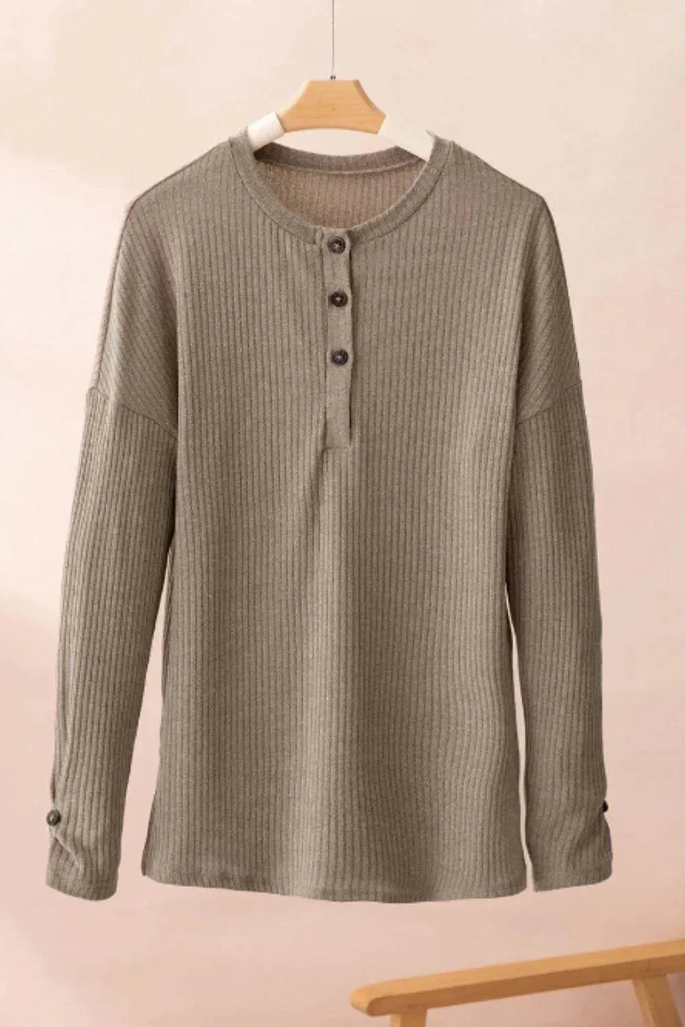 Quarter Button Round Neck Dropped Shoulder Knit Top - Bona Fide Fashion