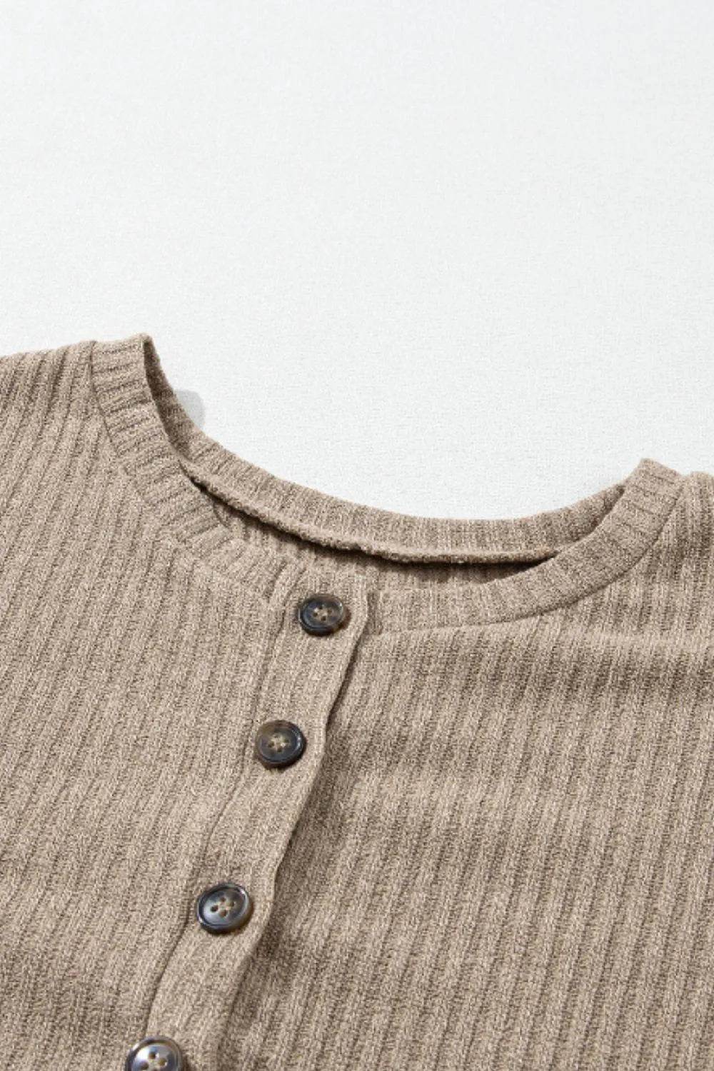Quarter Button Round Neck Dropped Shoulder Knit Top - Bona Fide Fashion